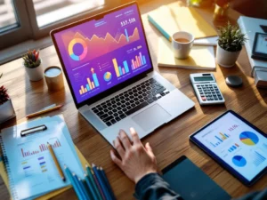 Bovenaanzicht van bureau met laptop met financiële grafieken, calculator, tablet en kantoorbenodigdheden in natuurlijk licht