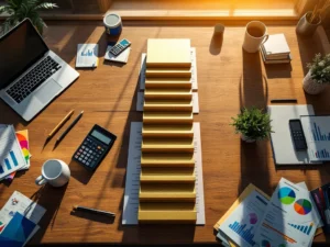 Financiële documenten en rekenmachines vormen gouden trap omhoog op houten bureau, symboliseert groei en vooruitgang