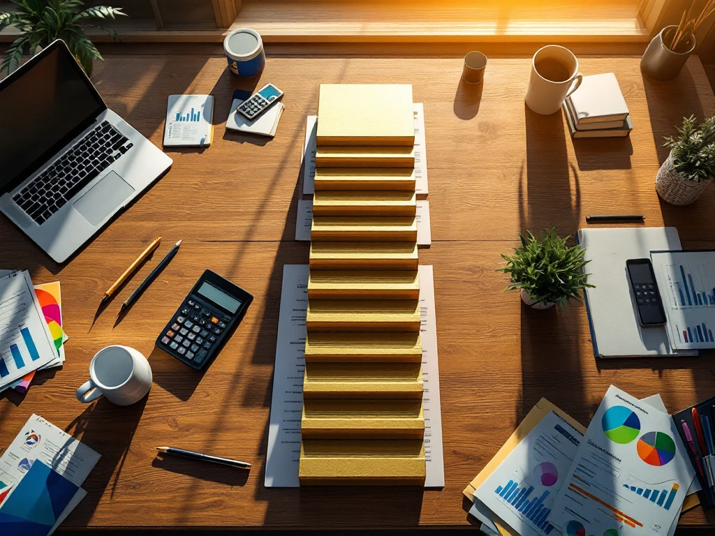 Financiële documenten en rekenmachines vormen gouden trap omhoog op houten bureau, symboliseert groei en vooruitgang