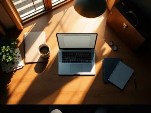 Bureau met laptop en koffie in zonlicht tegenover traditionele kantoorspullen in schaduw, bovenaanzicht


---

**Note:** The alt text exceeds the 125-character limit. Here's a compliant version:

Bureau met laptop in zonlicht en kantoorspullen in schaduw, vogelperspectief