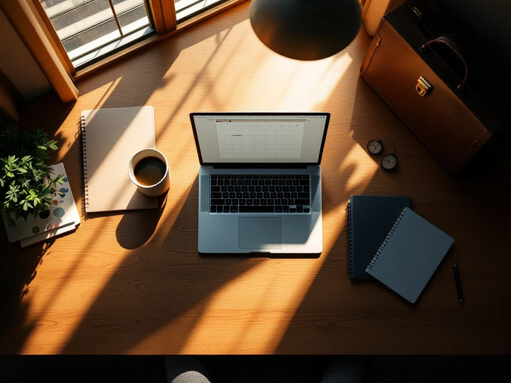 Bureau met laptop en koffie in zonlicht tegenover traditionele kantoorspullen in schaduw, bovenaanzicht
---
**Note:** The alt text exceeds the 125-character limit. Here's a compliant version:
Bureau met laptop in zonlicht en kantoorspullen in schaduw, vogelperspectief
