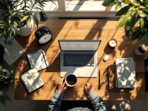 Bureau van bovenaf met laptop met agenda, koffie, klok, aquarelkwasten en koptelefoon in warm zonlicht met planten.