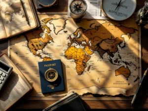 Bovenaanzicht van antiek bureau met wereldkaart, kompas, financiële documenten, rekenmachine en paspoort met stempels