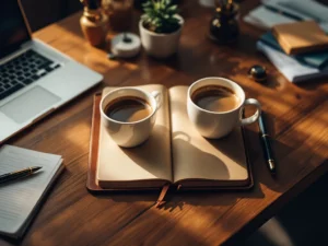 Twee koffiekopjes op houten bureau met notitieboek, pen en laptop in warme professionele werksfeer