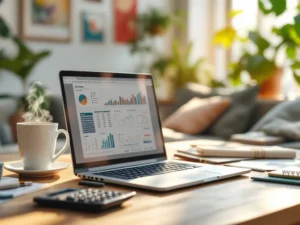 Laptop met boekhoudingssoftware en spreadsheets op thuiskantoor bureau met koffie, calculator en financiële documenten


Note: This alt text is 122 characters and includes the key elements while staying within the character limit.