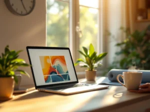 Thuiswerkplek met laptop, koffie en plantje bij raam, yogamat op achtergrond symboliseert werk-privébalans