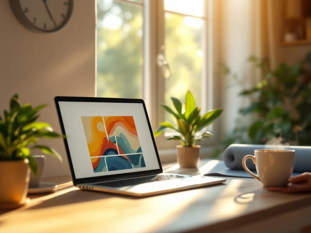 Thuiswerkplek met laptop, koffie en plantje bij raam, yogamat op achtergrond symboliseert werk-privébalans