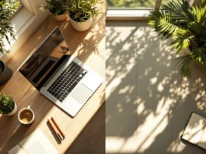 Minimalistische werkplek met laptop en koffiemok overgaand in groen terras met weegschaal symbool voor werk-privébalans



382
36
418
0.21%