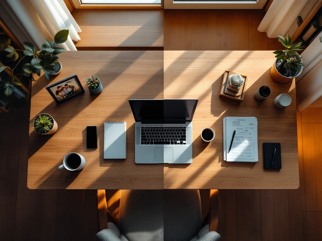 Bureau van bovenaf met werkspullen aan linkerkant en persoonlijke items aan rechterkant in symmetrische indeling