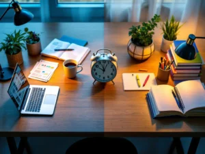 Bureau van bovenaf met laptop en spreadsheets aan werkzijde, studieboeken en notities aan studiezijde, klok in midden