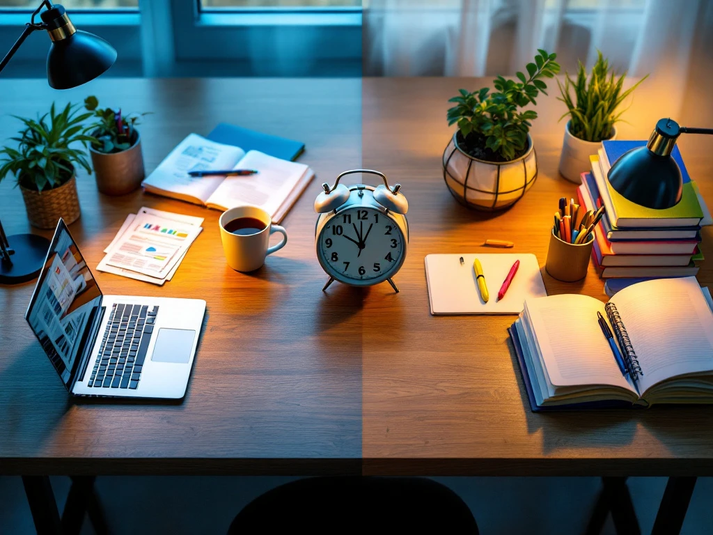 Bureau van bovenaf met laptop en spreadsheets aan werkzijde, studieboeken en notities aan studiezijde, klok in midden
