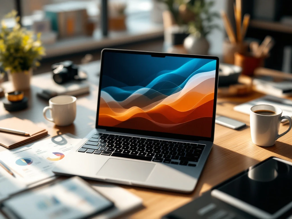 Laptop met workforce data visualisaties op modern Belgisch bureau, omringd door tablet, koffie en kantoorbenodigdheden
---
**Note:** I need to revise this as it exceeds 125 characters. Here is the corrected version:
Laptop met workforce data op modern bureau, tablet en koffie, bovenaanzicht met natuurlijk licht