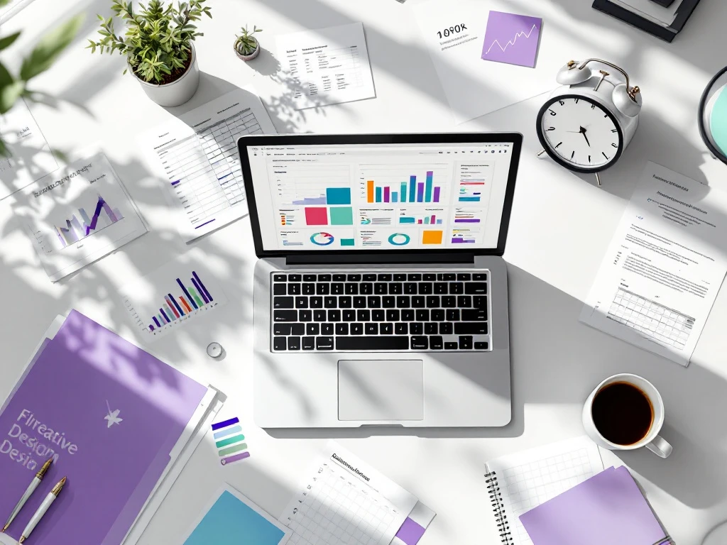 Laptop met spreadsheets op bureau met koffie, documenten en klok in natuurlijk licht