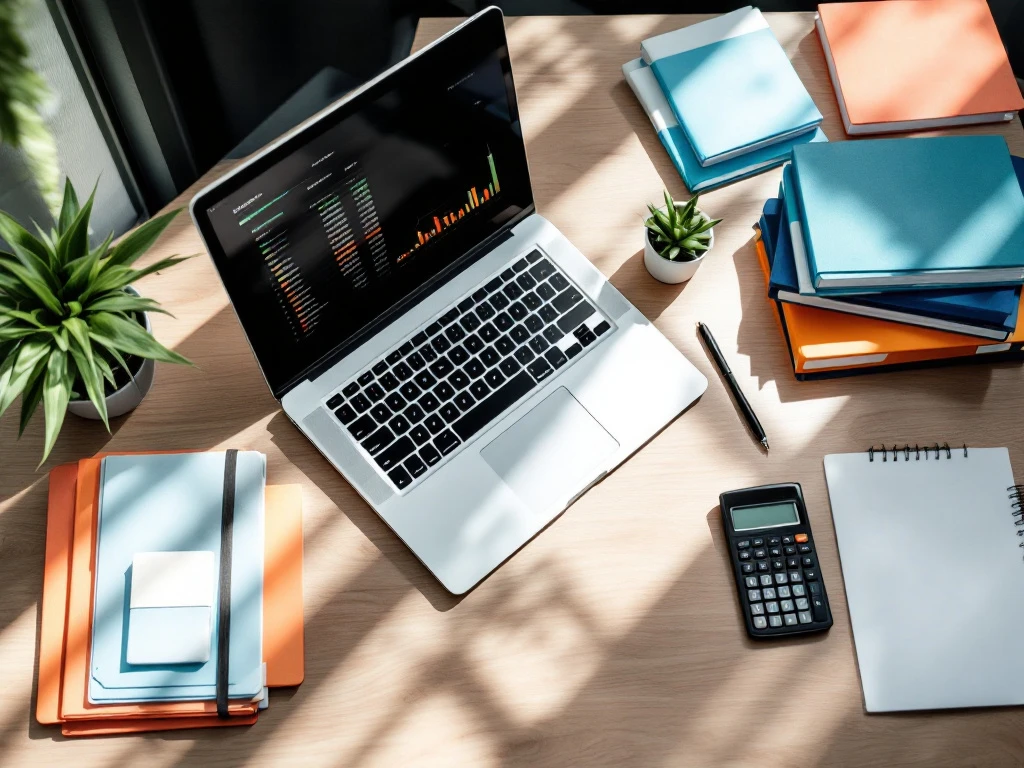 Georganiseerde moderne werkplek met laptop met spreadsheet, gekleurde mappen, calculator en kantoorbenodigdheden bovenaanzicht