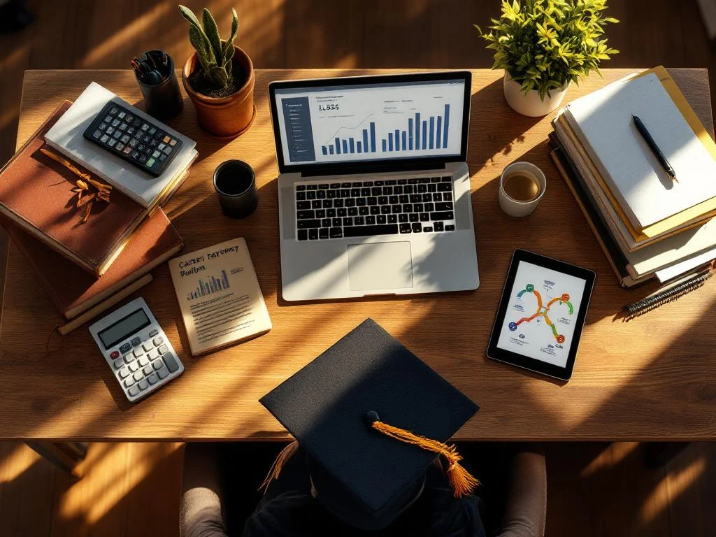 Bureau met laptop met financiële grafieken, boekhouding studieboeken, rekenmachine en afstudeerpet voor carrièreplanning