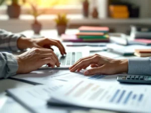 Handen typen op laptop toetsenbord met financiële documenten, rekenmachine en mappen op wit bureau in kantoor