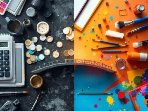 Gesplitst beeld van traditionele boekhoudtools links overgaand naar levendige creatieve benodigdheden rechts