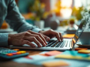 Handen typen op laptop omringd door rekenmachine, financiële grafieken, boeken en koffie op modern kantoorbureau