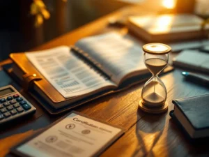 Zandloper op bureau met open agenda, boekhoudboeken, rekenmachine en certificaten voor accountancy studie planning