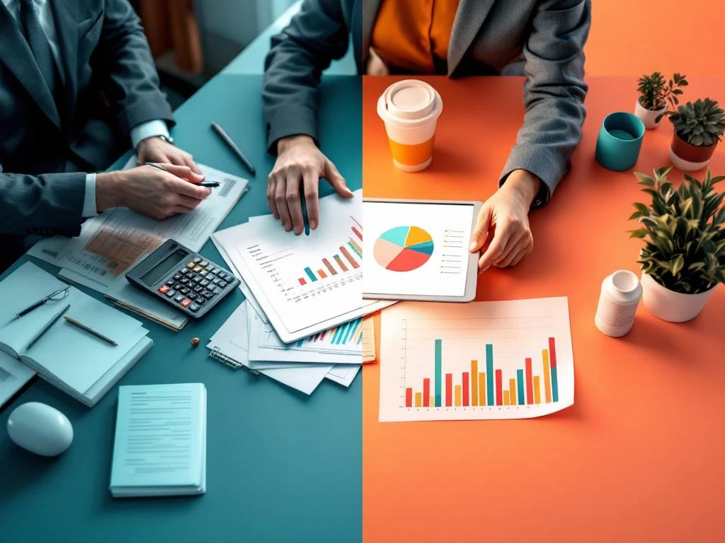 Gesplitst scherm toont traditionele boekhouderwerkplek links en moderne digitale boekhouding workspace rechts