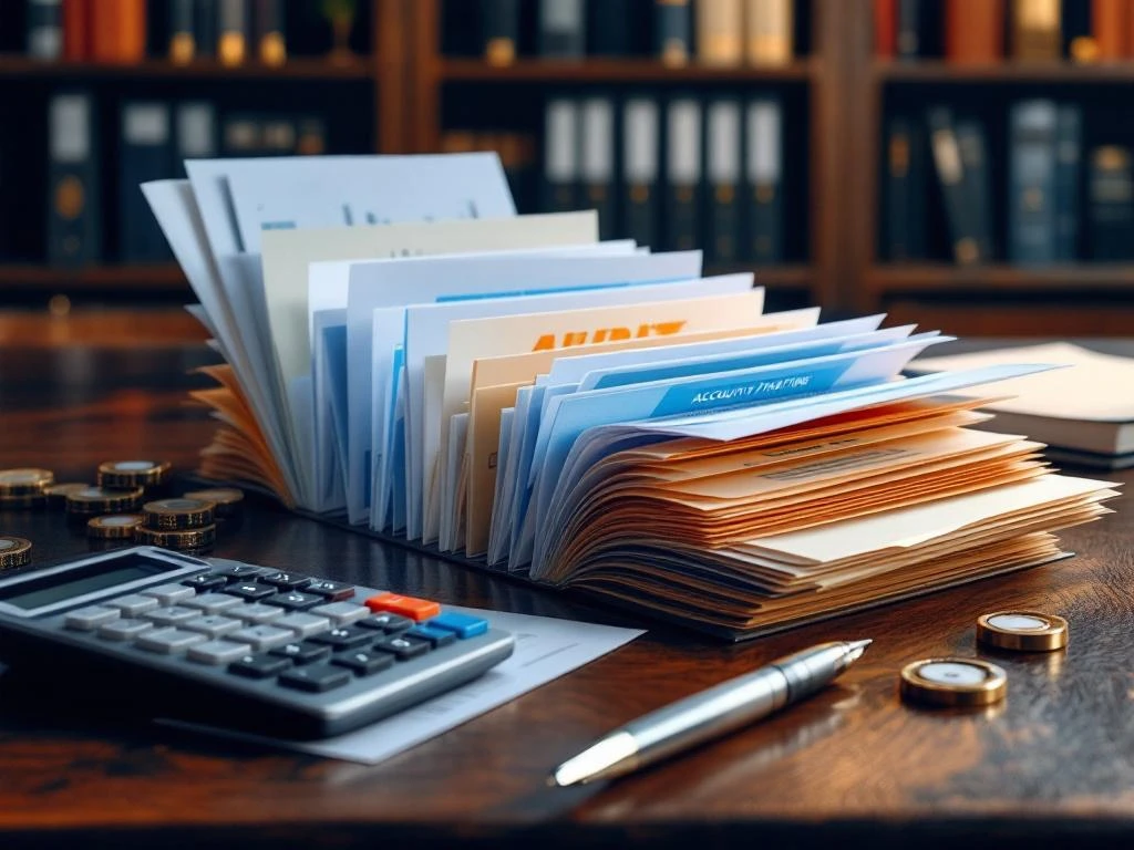 Houten bureau met open mappen vol gekleurde documenten, rekenmachine, financiële grafieken en boekhouding boeken