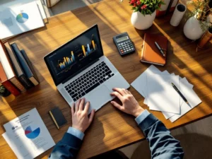Houten bureau met laptop met financiële grafieken, boekhoudkundige boeken, rekenmachine en professionele diploma's