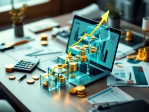 Modern bureau met laptop, financiële grafieken, rekenmachine en glazen trap van munten die carrièregroei symboliseert