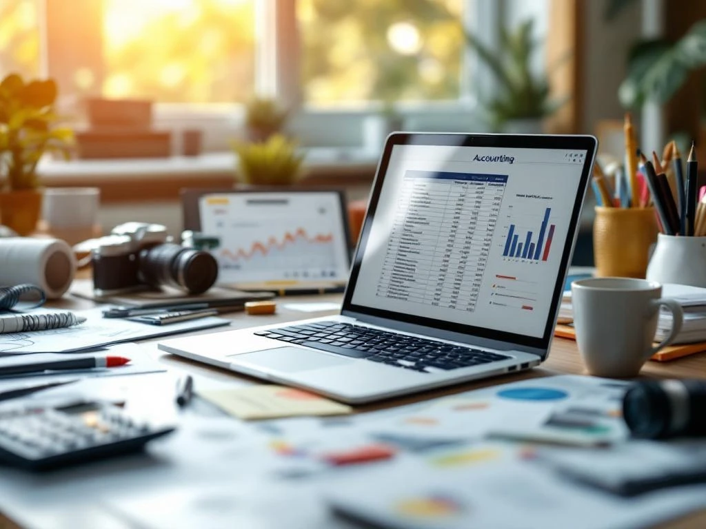 Laptop met spreadsheet op modern bureau omringd door creatieve tools, calculator en financiële documenten in natuurlijk licht