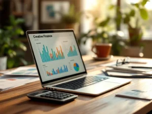 Houten bureau met laptop met spreadsheet, financiële documenten en rekenmachine in professionele werkruimte