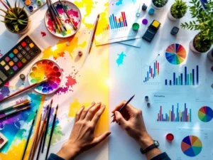 Gesplitst bureau met artistieke gereedschappen links en financiële documenten rechts, verbonden door gradient brug