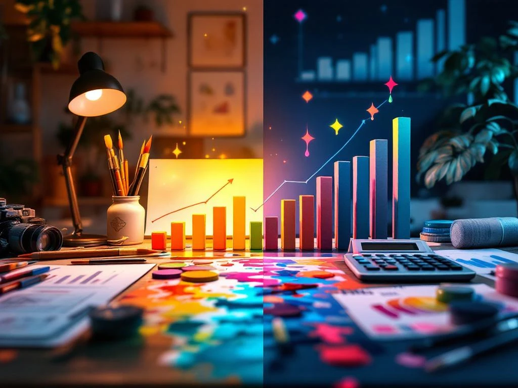 Gesplitst scherm toont creatieve tools links en financiële elementen rechts met kleurverloop van verf naar grafieken