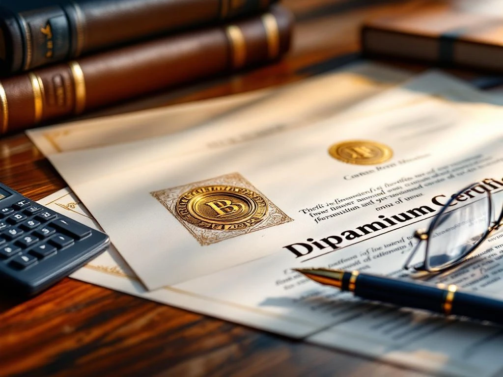 Financiële certificaten en diploma's op houten bureau met rekenmachine, pen en bril, financiële boeken op achtergrond