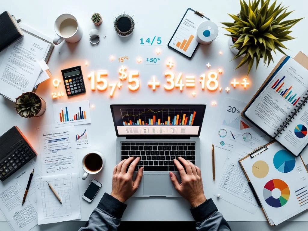 Bovenaanzicht van modern bureau met financiële documenten, rekenmachines, laptop met grafieken en boekhouding studiemateriaal