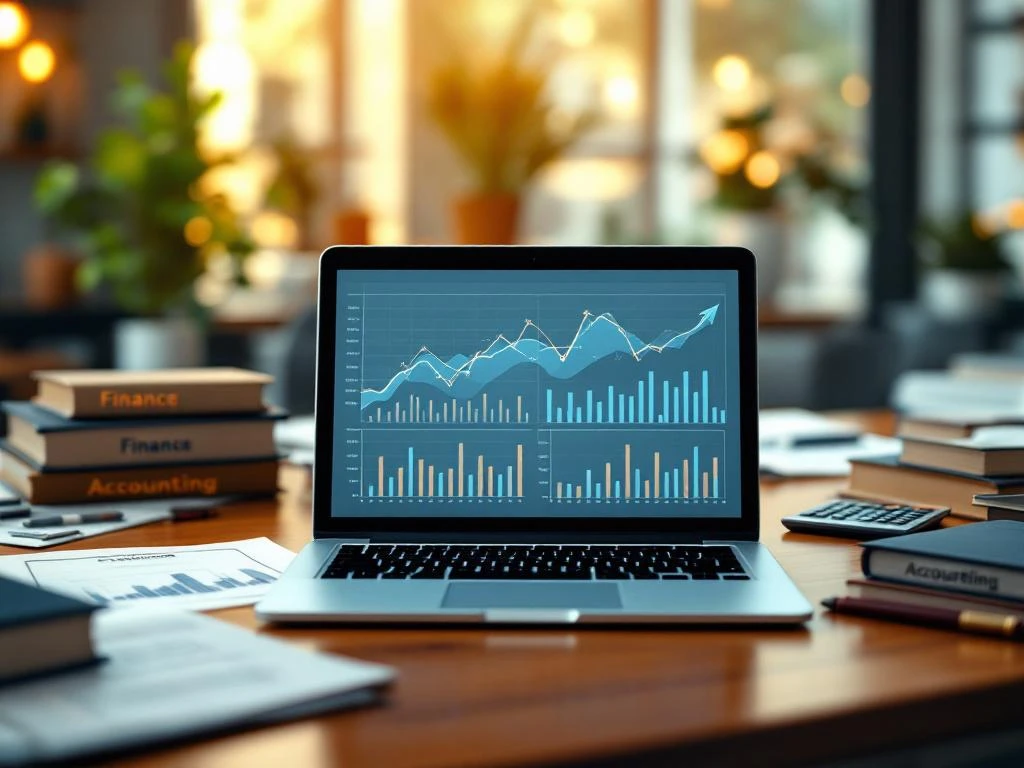 Laptop met financiële grafieken op bureau omringd door boekhouding- en financieboeken, certificaten en rekenmachine