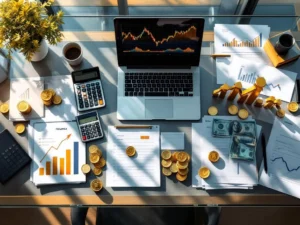 Glazen bureau met financiële documenten, grafieken, laptop, gouden munten en bankbiljetten in professionele opstelling