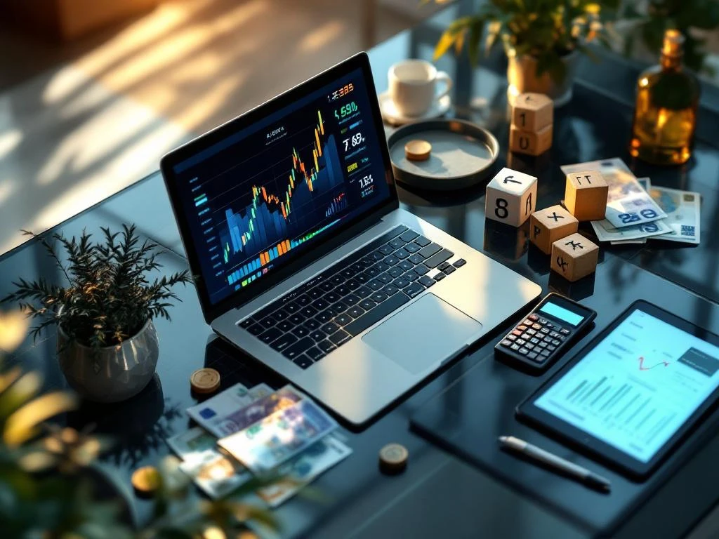 Moderne glazen bureau met laptop met financiële grafieken, calculator, euro bankbiljetten en tablet met spreadsheetdata