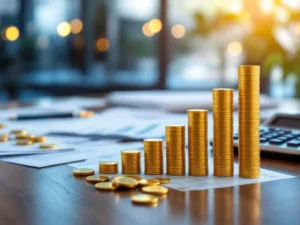 Gouden munten vormen stijgende grafiek op bureau met financiële documenten en rekenmachine, symboliseert groei