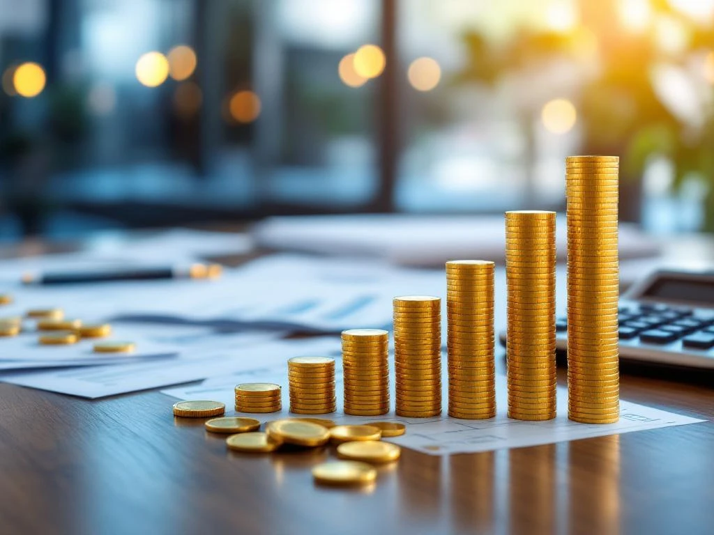 Gouden munten vormen stijgende grafiek op bureau met financiële documenten en rekenmachine, symboliseert groei