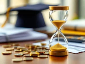 Zandloper met gouden zand op houten bureau naast financiële documenten, rekenmachine en munten, symboliseert tijdinvestering