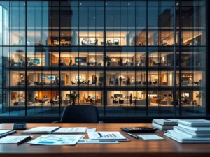 Modern glazen kantoorgebouw met verlichte ramen die verschillende bedrijven tonen, houten bureau met financiële documenten