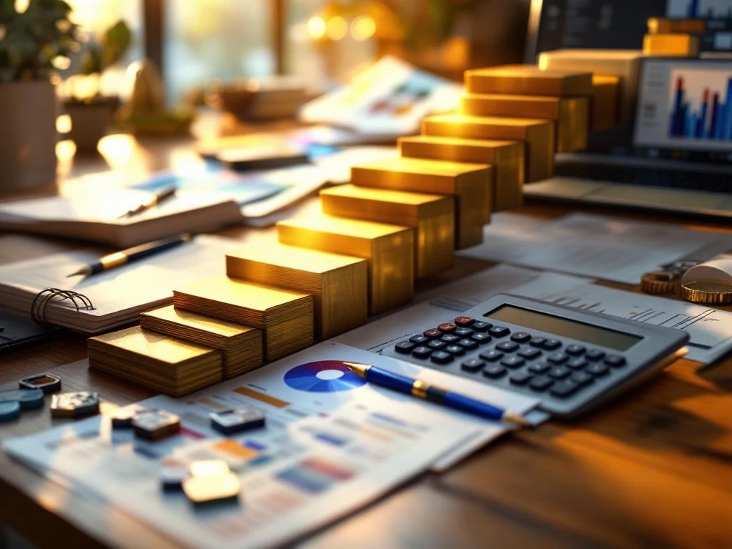 Professionele transformatie met financiële documenten, certificaten en laptop in trapvormige opstelling op houten bureau