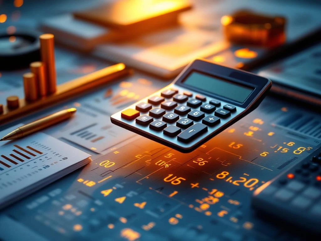 Moderne calculator zweeft boven financiële spreadsheets, grafieken en wiskundige symbolen in professionele werkruimte