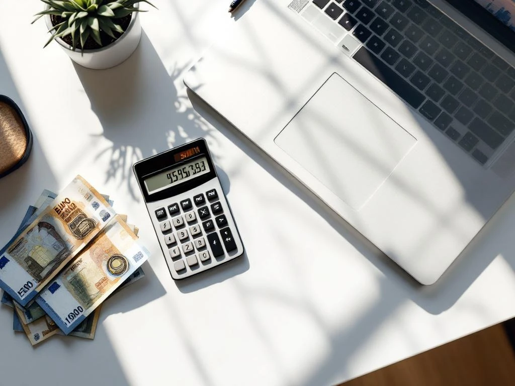 Moderne bureau met rekenmachine, euro bankbiljetten, laptop met spreadsheet en succulent plant voor financiële administratie