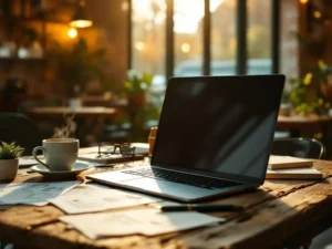 Laptop op houten cafétafel omringd door ontwerpschetsen en dampende koffiekop, zachte natuurlijke verlichting door ramen