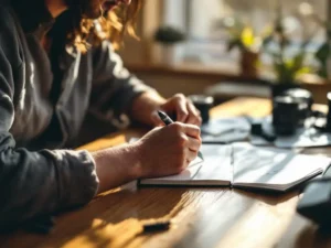 Creatieve professional schrijft in notitieboek aan houten bureau met camera en schetsen in natuurlijk licht