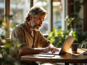 Creatieve professional werkt geconcentreerd op laptop aan houten cafétafel met koffiekopje en notitieboek in warm zonlicht