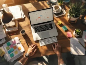 Georganiseerd bureau van bovenaf met laptop, ontwerpschetsen, gekleurde notities, koffiekop en vetplant in warm natuurlijk licht