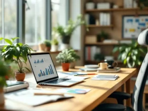 Groene plant op houten bureau met laptop, ontwerpmaterialen en natuurlijk zonlicht door grote ramen