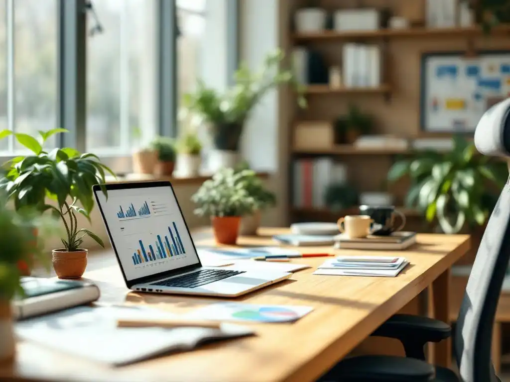 Groene plant op houten bureau met laptop, ontwerpmaterialen en natuurlijk zonlicht door grote ramen
