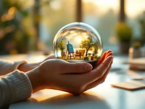 Handen houden glazen bol met miniatuur creatieve werkruimte, gouden licht valt door ramen van modern kantoor